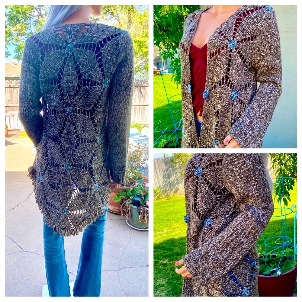 XS-M BoHo Chic Crochet Scallop Fringe Cardigan Duster Sweater - Picture 9 of 16